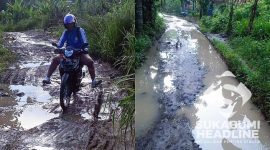 Salah seorang guru SD Negeri Karang Bentang melintasi jalan rusak di Cidolog, Kabupaten Sukabumi. l Istimewa 