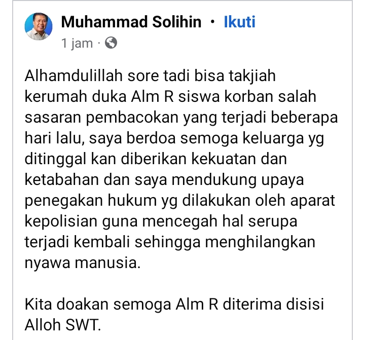 Tangkapan layar status Facebook Muhammad Solihin. l Istimewa
