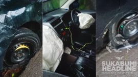 Minibus jenis Daihatsu Xenia mengalami kecelakaan tunggal di Parungkuda Sukabumi. l sukabumiheadline.com
