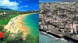 Kawasan permukiman dan pariwisata Maui di Hawaii, Amerika Serikat sebelum dan sesudah bencana. l Istimewa