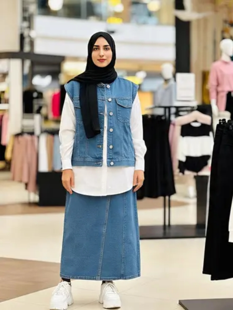 Hijabers Sukabumi bingung outfit untuk ke mal? Ini 5 model hijab dijamin nyaman dan stylish 3 Hijab Denim Vest dan Rok Jeans