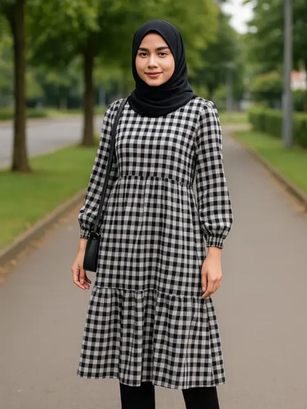 Wanita Sukabumi, ini 5 outfit monokrom simpel, stylish dan wudhu-friendly 3 Midi dress motif kotak monokrom