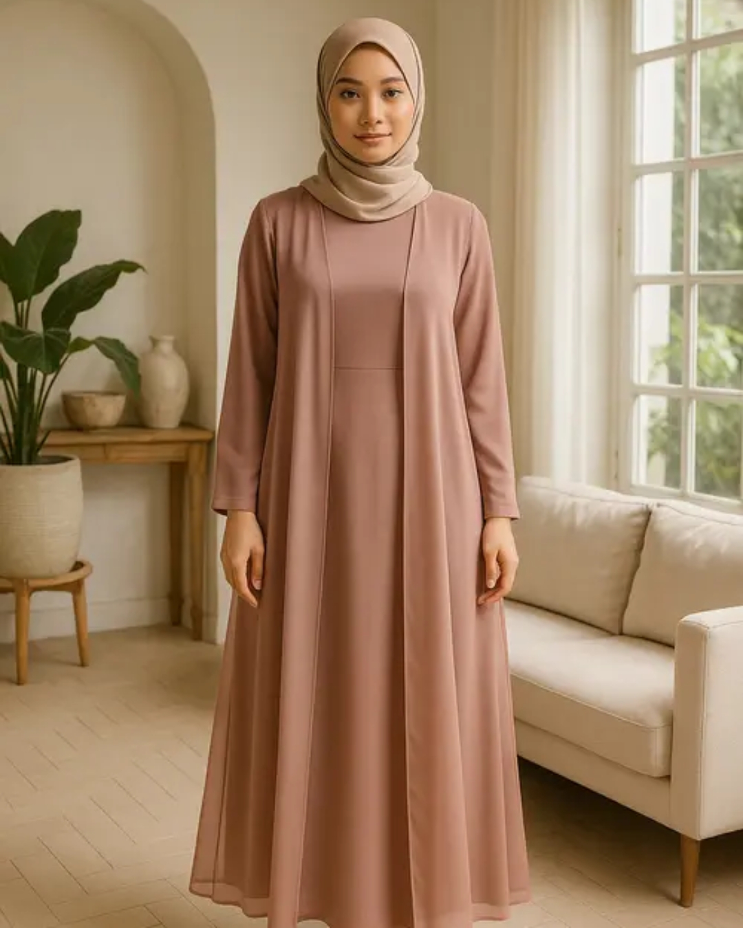 5 model gamis dengan rompi sifon anggun untuk Hijabers Sukabumi 4 Gamis A Line dengan rompi sifon panjang terbuka
