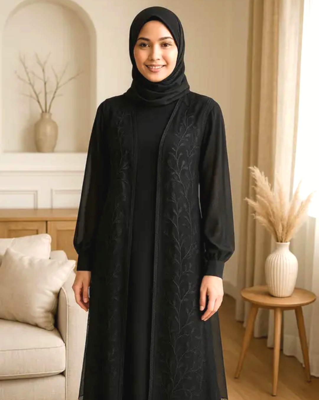 5 model gamis dengan rompi sifon anggun untuk Hijabers Sukabumi 5 Gamis monokrom dengan rompi sifon transparan bordir