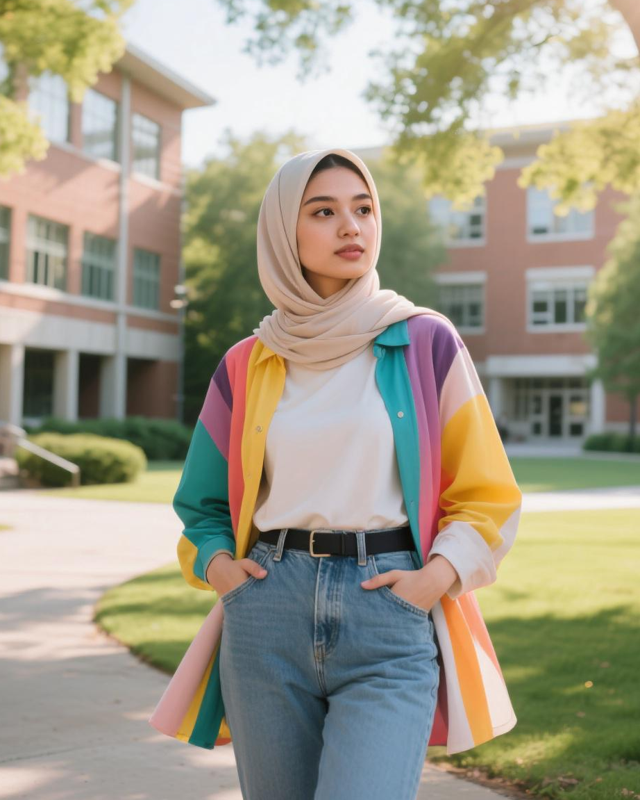 Ragam style busana ke kampus buat maba menurut AI 3 Style busana ke kampus buat mahasiswi baru berhijab kasual menurut AI
