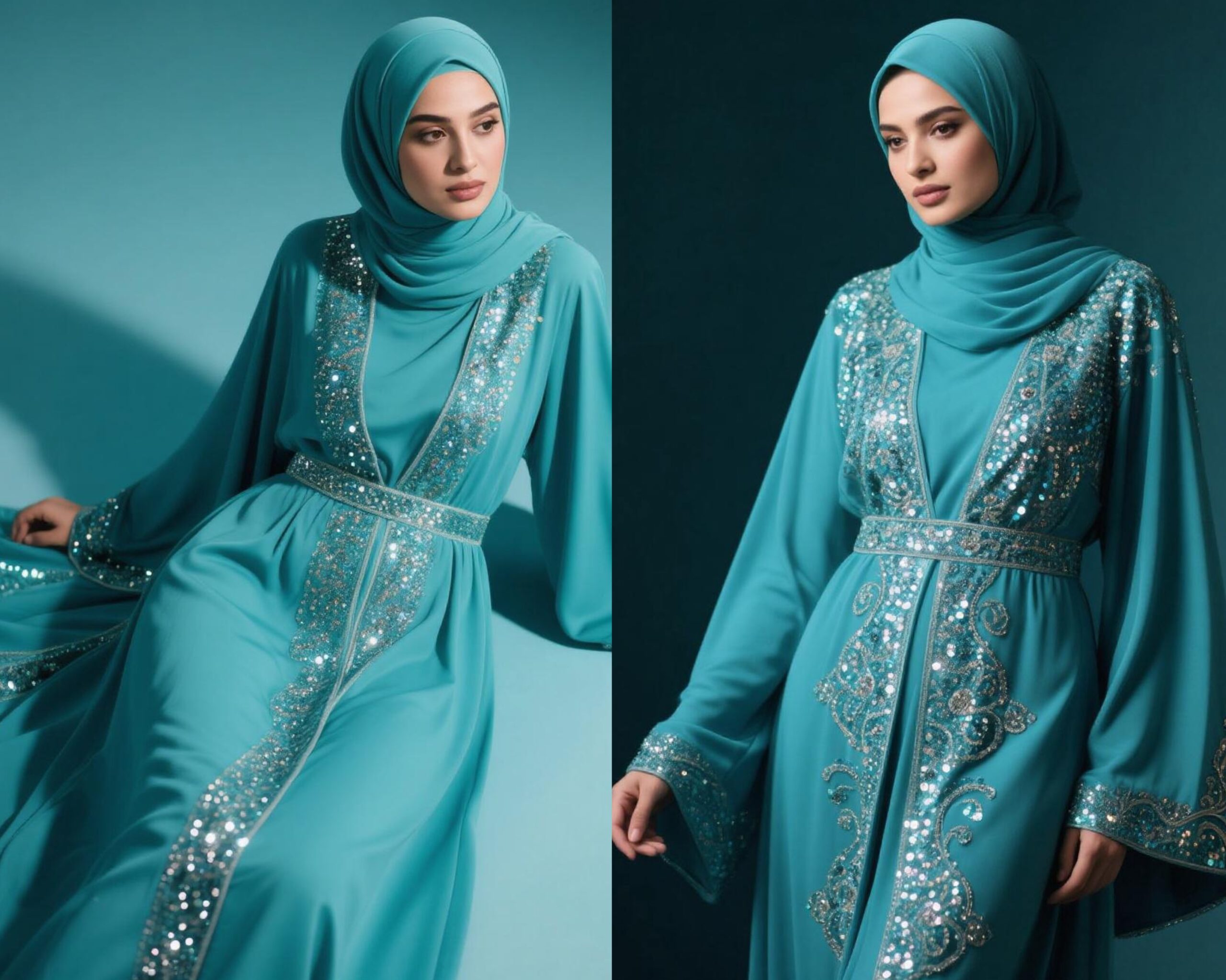 Gamis simpel tapi modis, serta sentuhan mewah dengan payet dan bordir, warna teal blue - sukabumiheadline.com