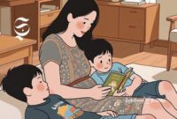 Ilustrasi anak Indonesia sedang mendengarkan dongeng dari dari buku oleh ibunya - sukabumiheadline.com