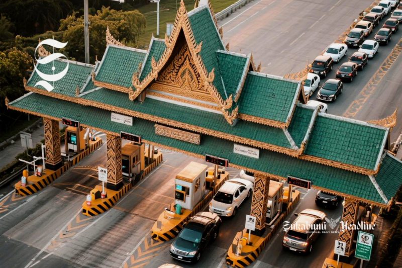 Ilustrasi gerbang tol dengan ornamen khas budaya Sunda - sukabumiheadline.com/AI