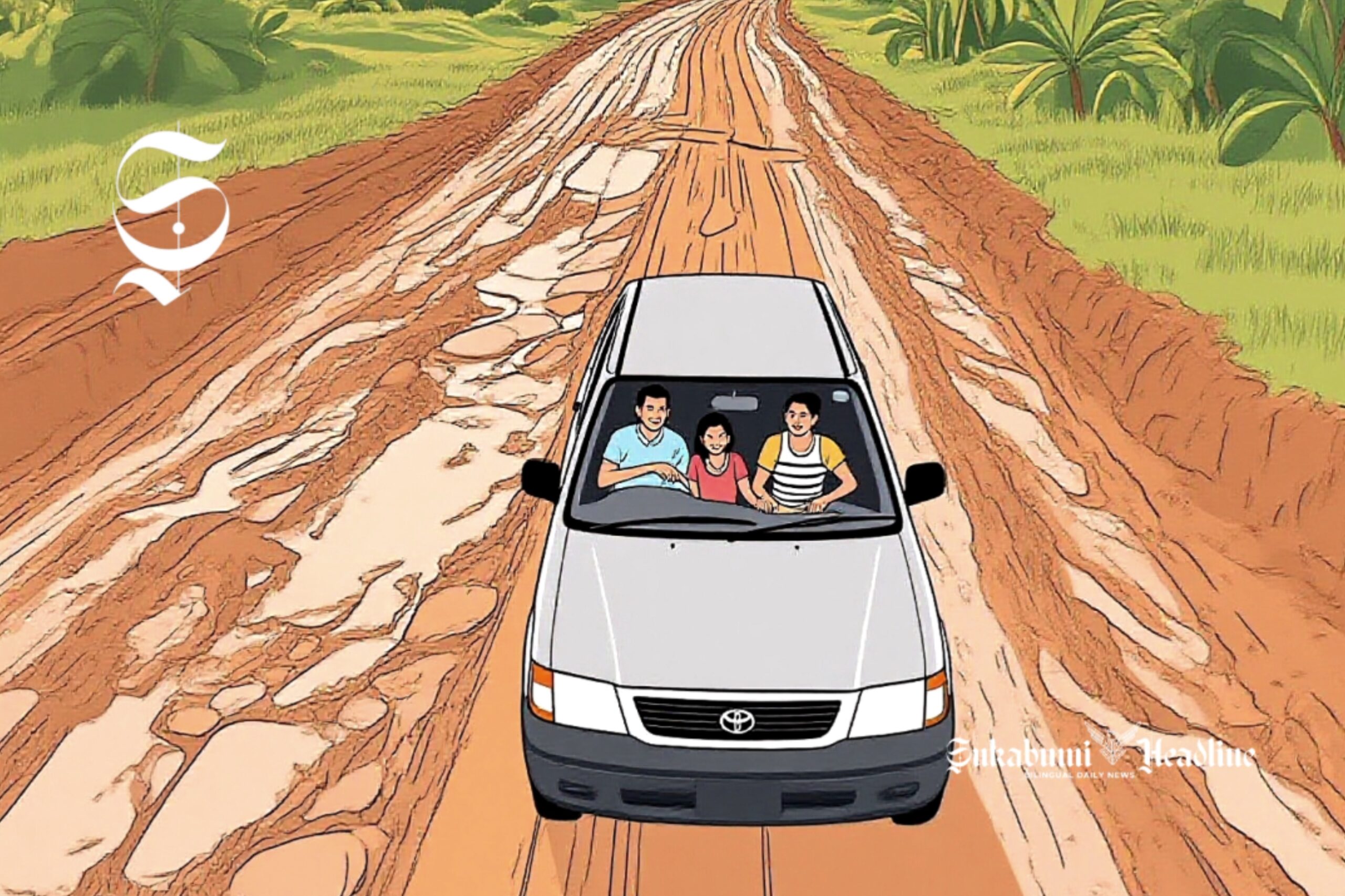 Ilustrasi naik mobil pribadi bersama keluarga melewati jalan rusak - sukabumiheadline.com