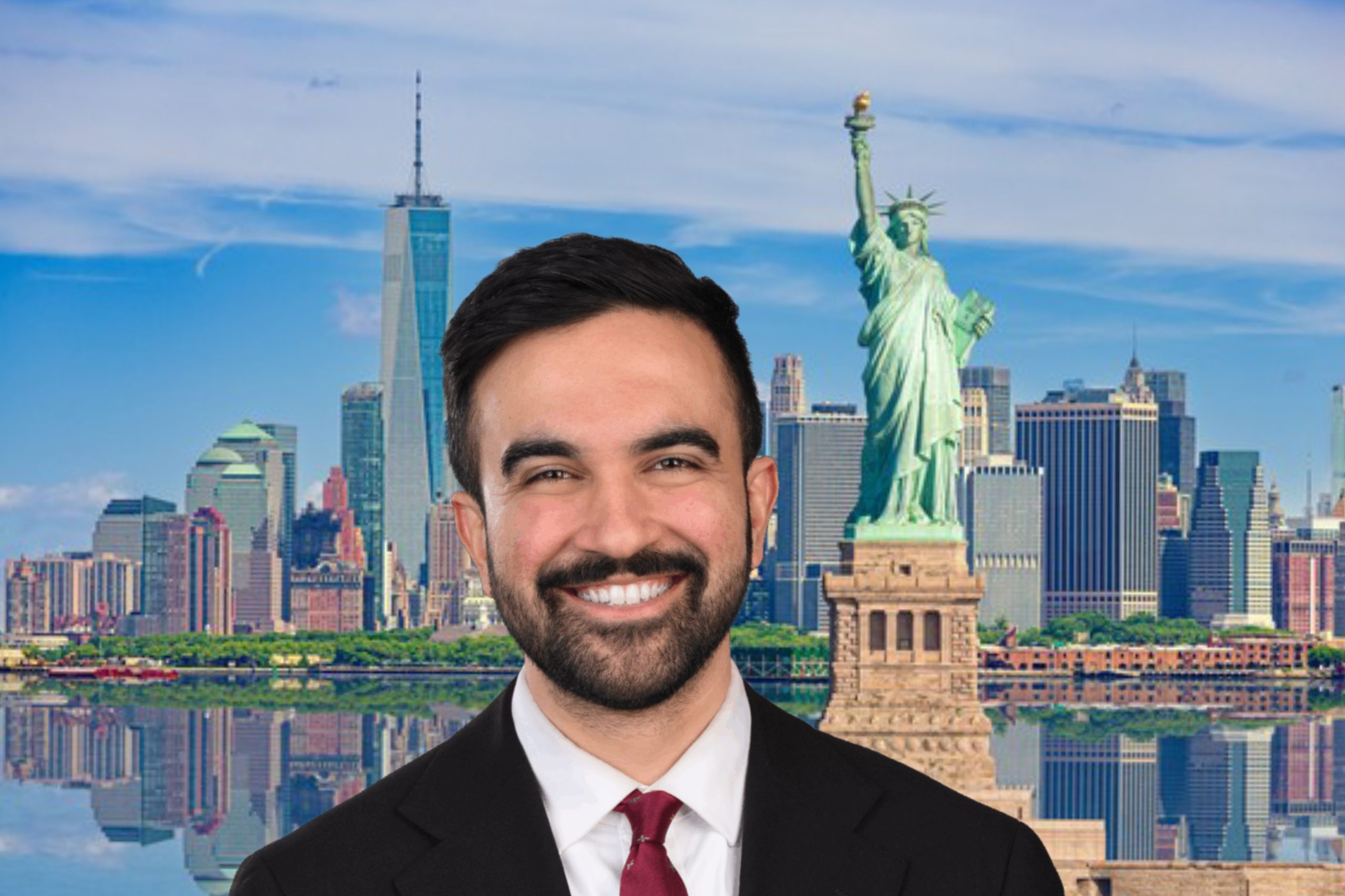 Zohran Mamdani dengan latar belakang patung Liberty dan Kota New York
