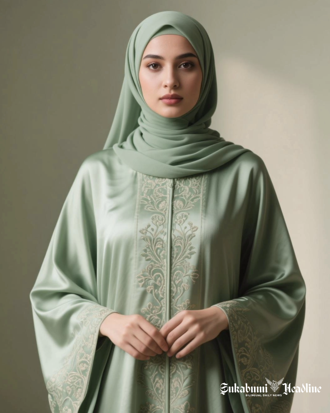 Gamis bahan silk polos warna sage green dengan ornamen motif brokat simple dan elegan