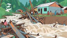 Ilustrasi banjir bandang menggerus pepohonan menerjang perkampungan - sukabumiheadline.com