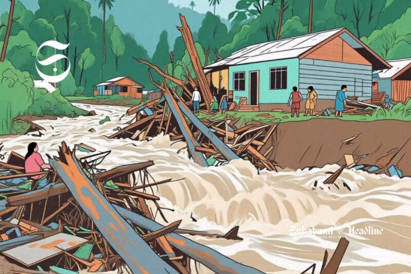Ilustrasi banjir bandang menggerus pepohonan menerjang perkampungan - sukabumiheadline.com