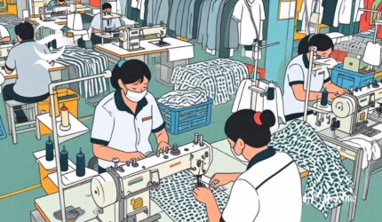 Ilustrasi buruh sedang menjahit di pabrik garmen - sukabumiheadline.com