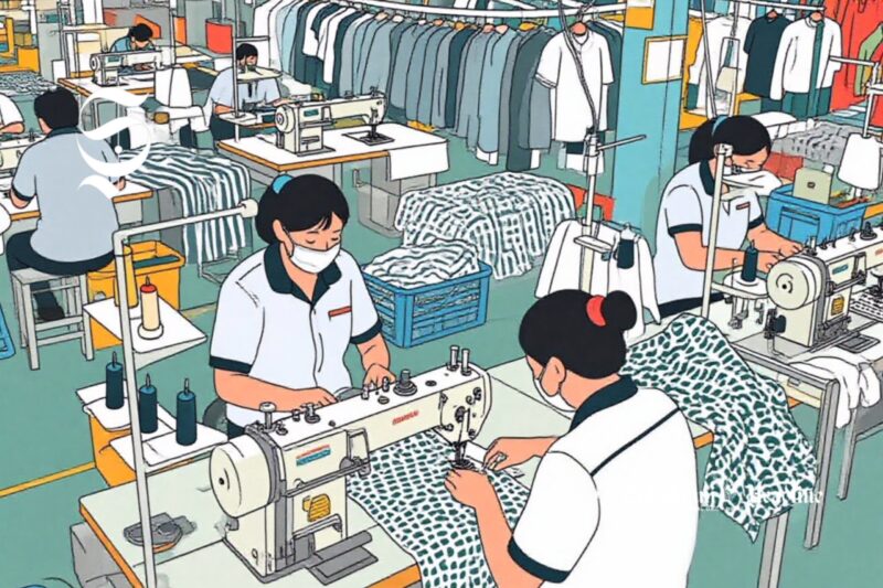 Ilustrasi buruh sedang menjahit di pabrik garmen - sukabumiheadline.com