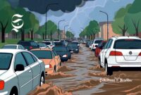 Ilustrasi cuaca ekstrem menyebabkan air meluap ke jalan dan kendaraan macet - sukabumiheadline.com