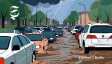 Ilustrasi cuaca ekstrem menyebabkan air meluap ke jalan dan kendaraan macet - sukabumiheadline.com