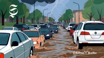 Ilustrasi cuaca ekstrem menyebabkan air meluap ke jalan dan kendaraan macet - sukabumiheadline.com