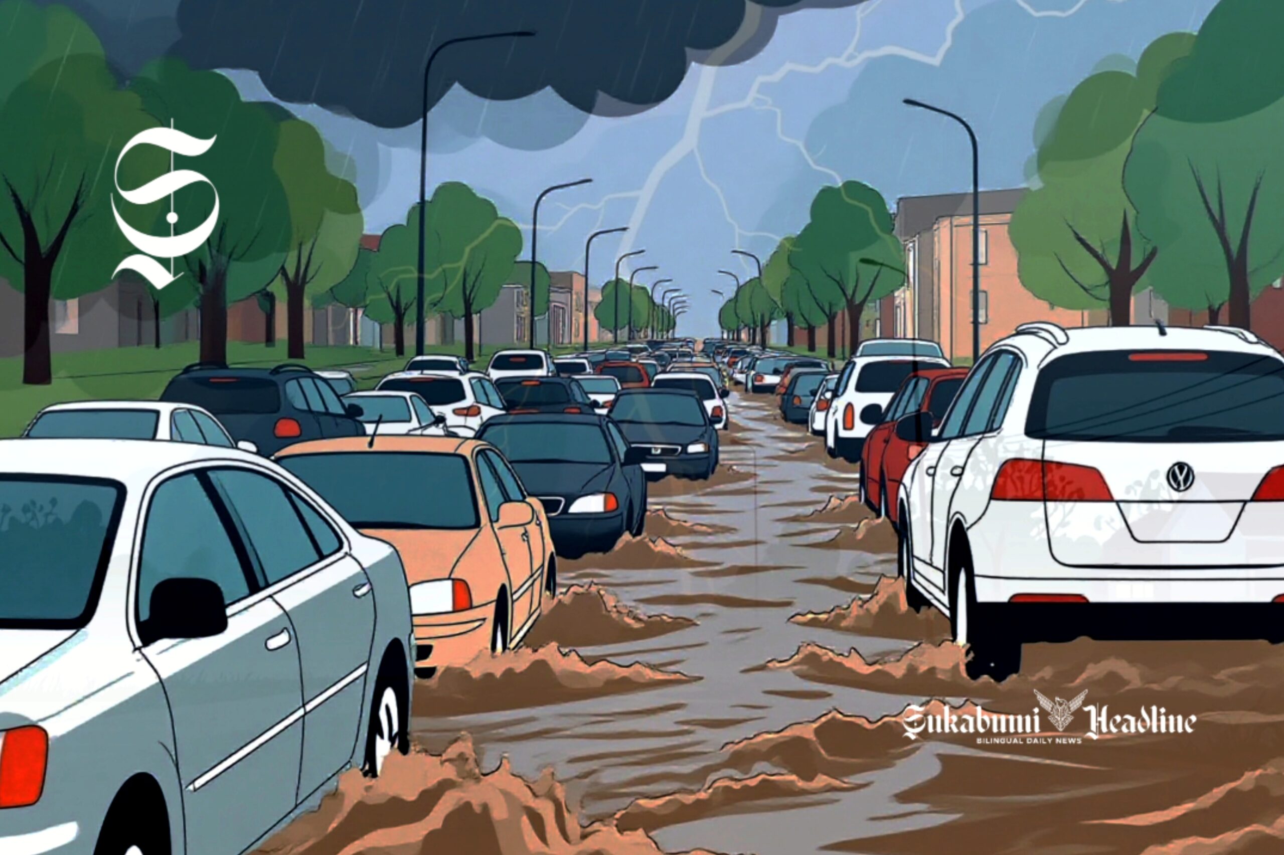 Ilustrasi cuaca ekstrem menyebabkan air meluap ke jalan dan kendaraan macet - sukabumiheadline.com