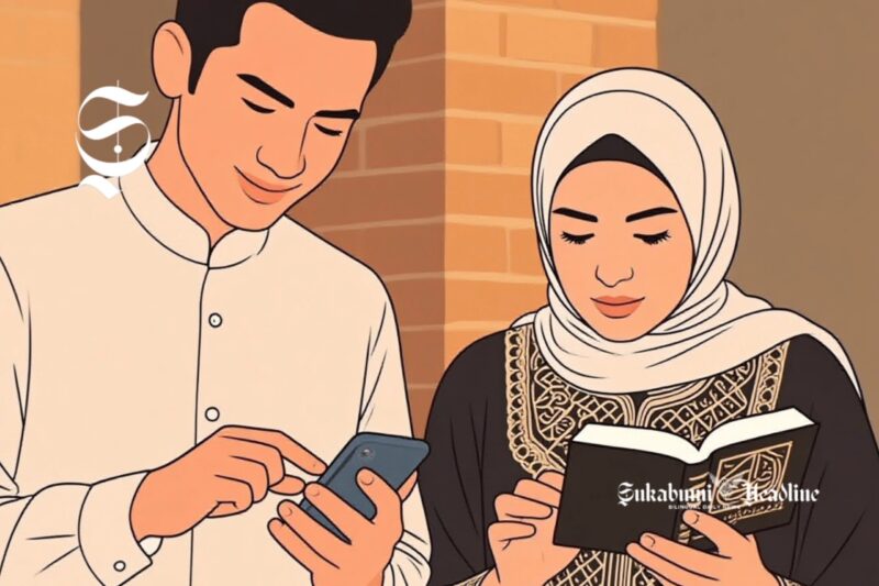 Ilustrasi membaca AlQuran digital dari aplikasi di handphone - sukabumiheadline.com