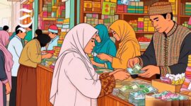Ilustrasi pedagang Muslim sedang melayani pembeli - sukabumiheadline.com