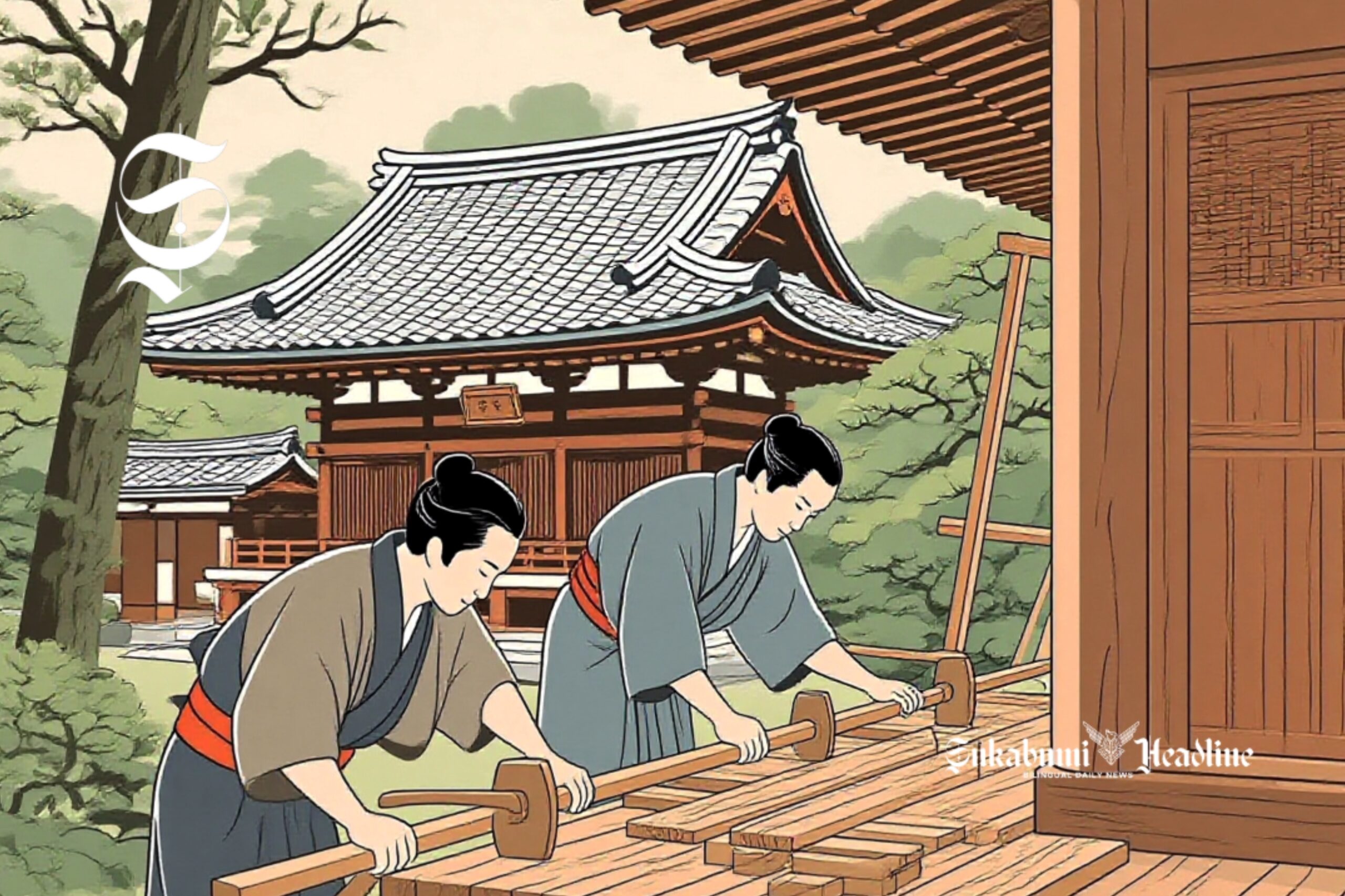 Ilustrasi tukang di Jepang sedang membangun kuil - sukabumiheadline.com