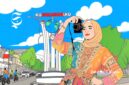 Ilustrasi wanita sedang bergaya di depan Tugu Kusukabumiku Kota Sukabumi - sukabumiheadline.com