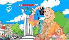 Ilustrasi wanita sedang bergaya di depan Tugu Kusukabumiku Kota Sukabumi - sukabumiheadline.com