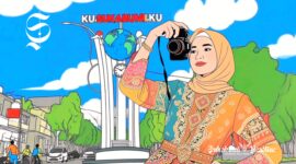 Ilustrasi wanita sedang bergaya di depan Tugu Kusukabumiku Kota Sukabumi - sukabumiheadline.com