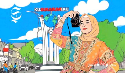 Ilustrasi wanita sedang bergaya di depan Tugu Kusukabumiku Kota Sukabumi - sukabumiheadline.com