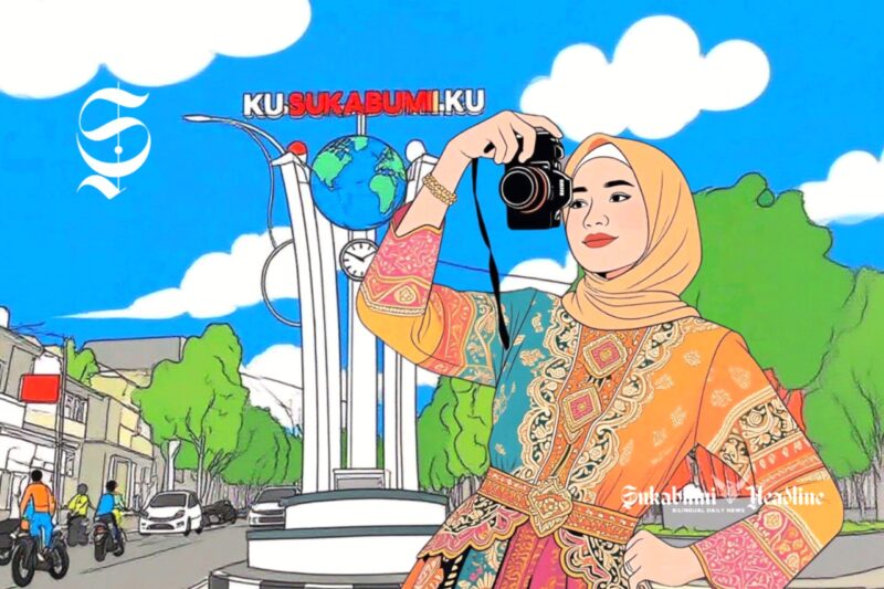 Ilustrasi wanita sedang bergaya di depan Tugu Kusukabumiku Kota Sukabumi - sukabumiheadline.com