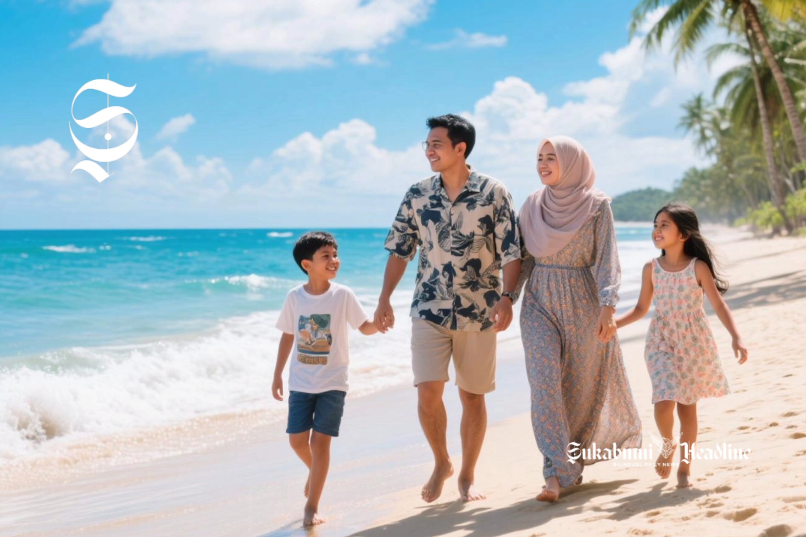 Kunjungan wisnus ke Jawa Barat tembus 19,52 juta, 48,17% terkonsentrasi di 6 daerah 1 Keluarga Muslim sedang berwisata ke pantai - sukabumiheadline.com