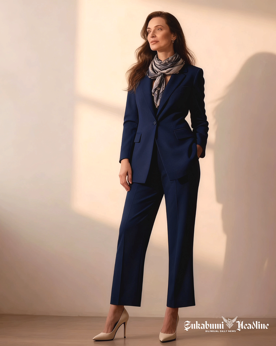 Busana kerja wanita Rusia mengenakan jas dan celana panjang warna biru dengan syal - sukabumiheadline.com