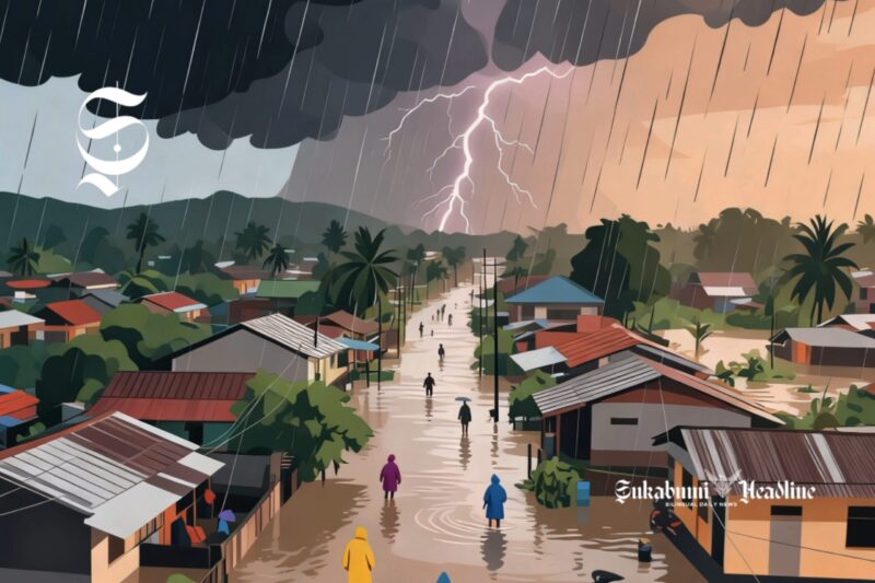Ilustrasi kampung diguyur hujan deras hingga menyebabkan banjir - sukabumiheadline.com