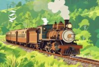 Ilustrasi kereta api uap melintasi perbukitan yang indah - sukabumiheadline.com