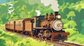 Ilustrasi kereta api uap melintasi perbukitan yang indah - sukabumiheadline.com