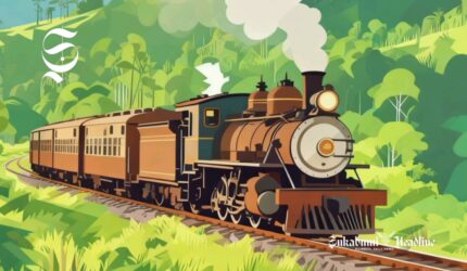 Ilustrasi kereta api uap melintasi perbukitan yang indah - sukabumiheadline.com