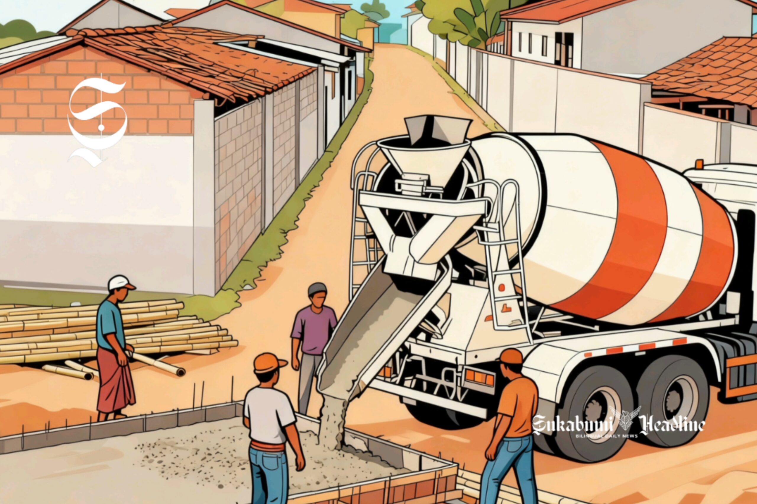 Ilustrasi membangun jalan desa dengan bantuan truk molen - sukabumiheadline.com