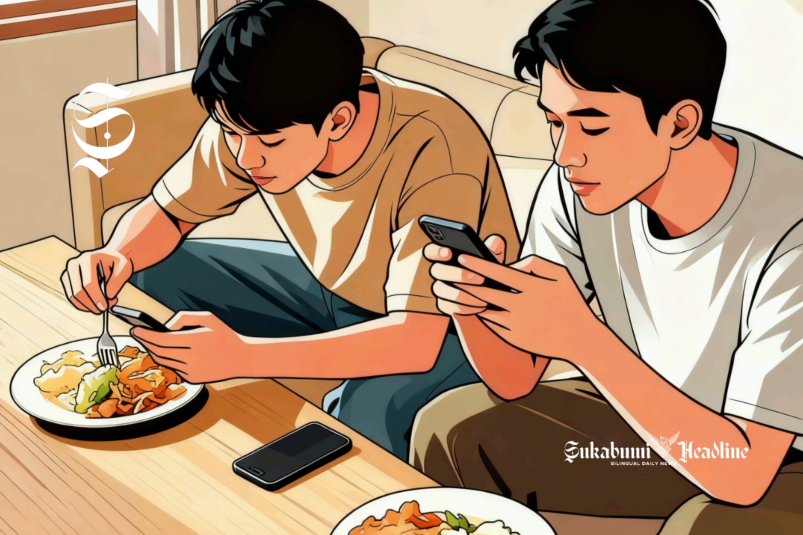 Waspada mindless eating picu BB naik, lakukan mindfull eating 1 Ilustrasi mindless eating, makan sambil memainkan handphone - sukabumiheadline.com