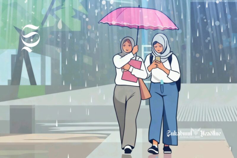 Ilustrasi pejalan kaki diguyur hujan deras - sukabumiheadline.com