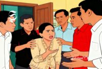 Ilustrasi perempuan sedang berdebat dengan lima orang pria - sukabumiheadline.com