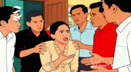 Ilustrasi perempuan sedang berdebat dengan lima orang pria - sukabumiheadline.com