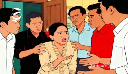 Ilustrasi perempuan sedang berdebat dengan lima orang pria - sukabumiheadline.com