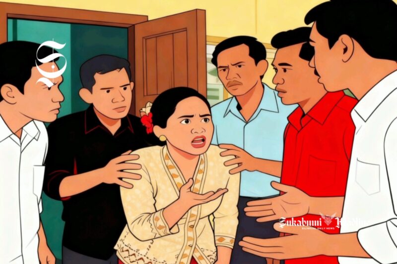 Ilustrasi perempuan sedang berdebat dengan lima orang pria - sukabumiheadline.com