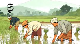 Ilustrasi petani sedang menanam padi di sawah - sukabumiheadline.com