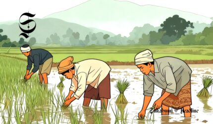Ilustrasi petani sedang menanam padi di sawah - sukabumiheadline.com