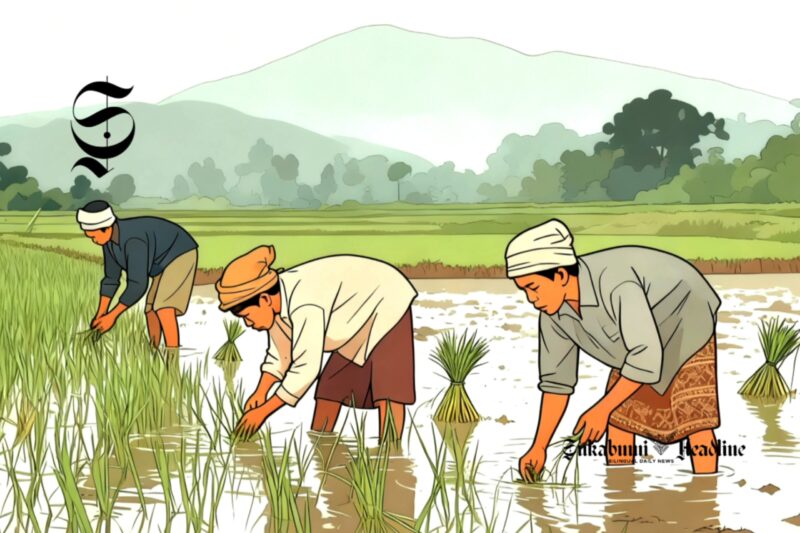 Ilustrasi petani sedang menanam padi di sawah - sukabumiheadline.com