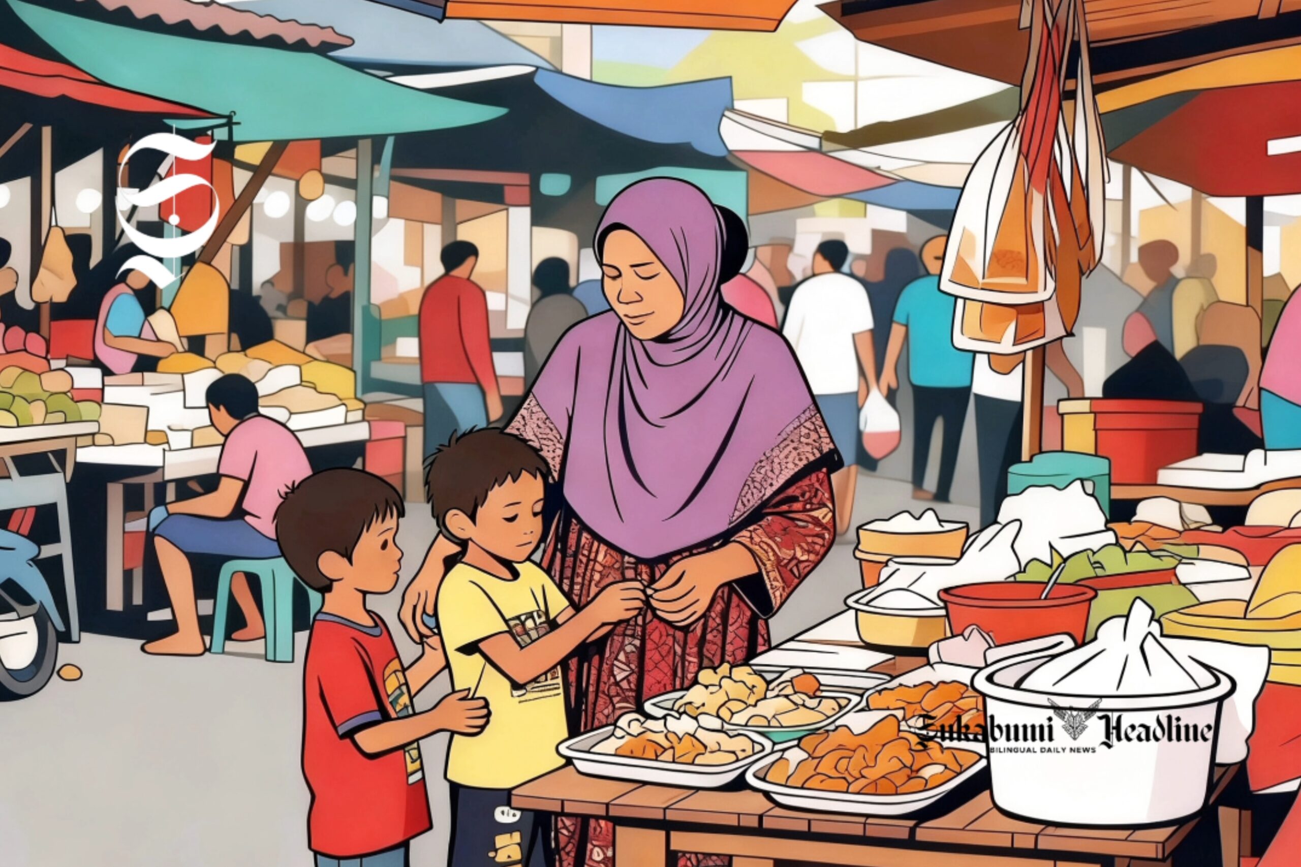 Ilustrasi seorang orang tua tunggal sedang berjualan sambil mengasuh anaknya - sukabumiheadline.com