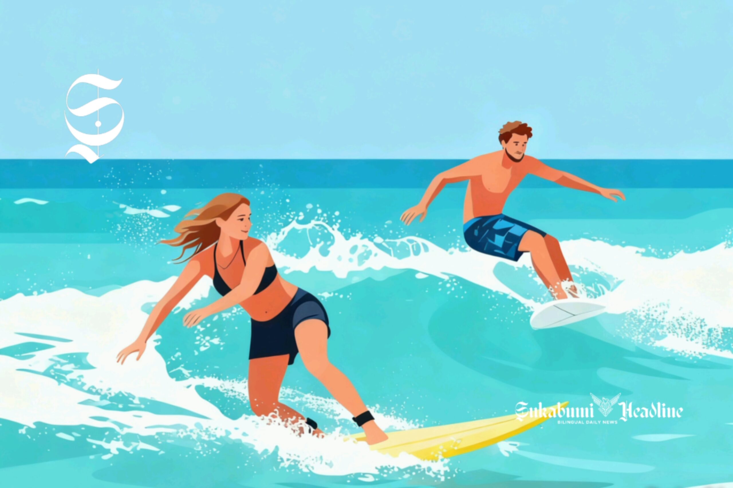 Ilustrasi sepasang turis asing sedang berselancar di laut - sukabumiheadline.com