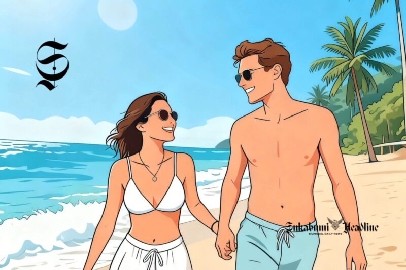 Ilustrasi sepasang turis asing sedang mengunjungi taman pantai - sukabumiheadline.com